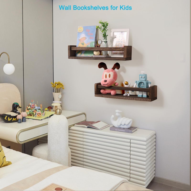 JORIKCHUO Nursery Book Shelves, Set of 2 Wood Floating Book Shelves for Kids Room, Kitchen Spice Rack, or Rustic Wall Mounted Shelves for Farmhouse Bathroom DÃ©cor (Carbon Brown) - Image 3